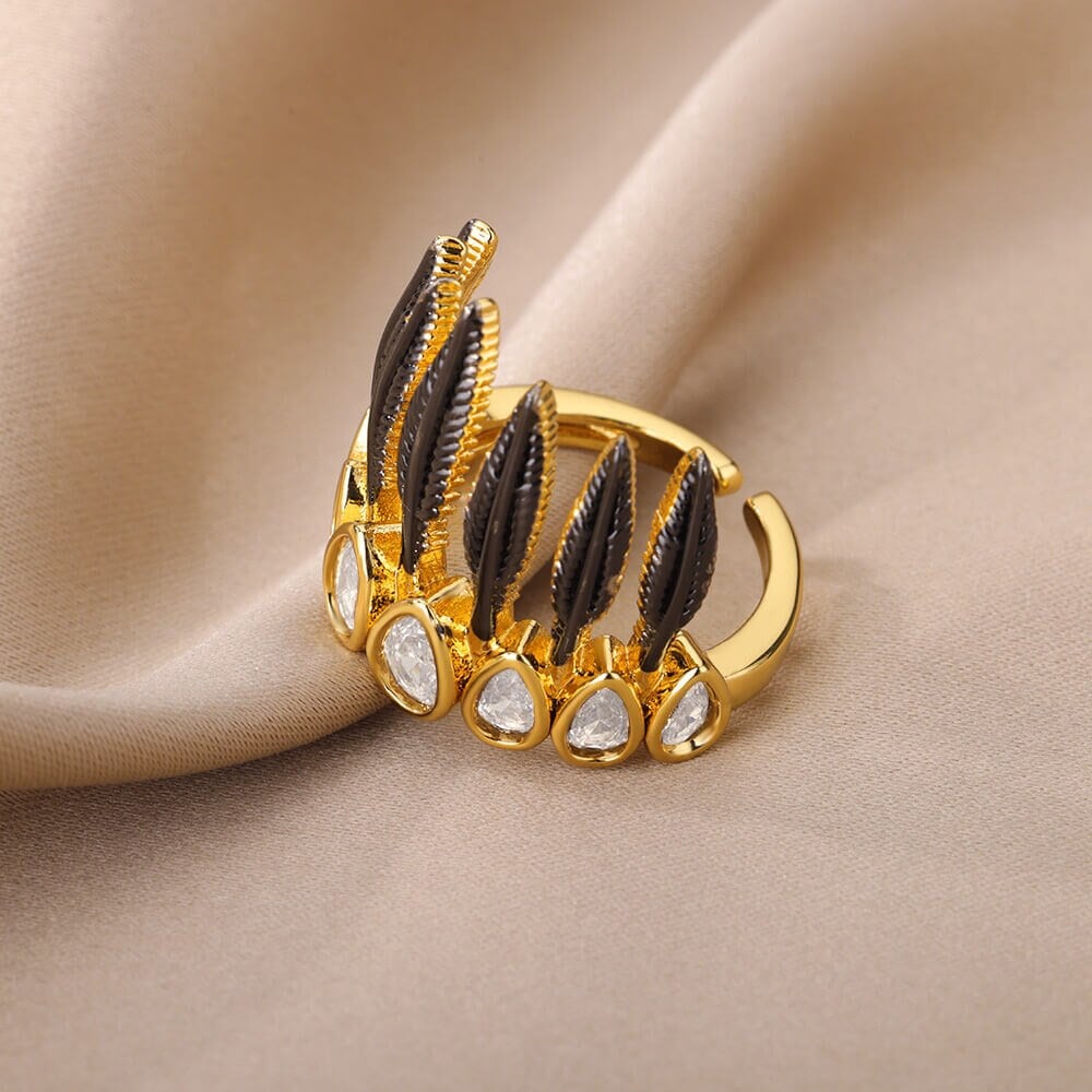 Punk Black Feathers Crown, 18K Gold Gothic Stackable Ring, Dainty Minimalist Jewelry, Delicate Handmade for Women, Gift for Her
