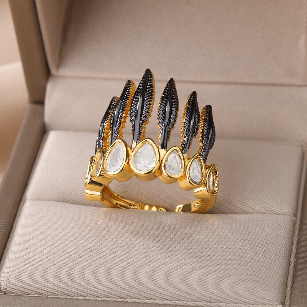 Punk Black Feathers Crown, 18K Gold Gothic Stackable Ring, Dainty Minimalist Jewelry, Delicate Handmade for Women, Gift for Her