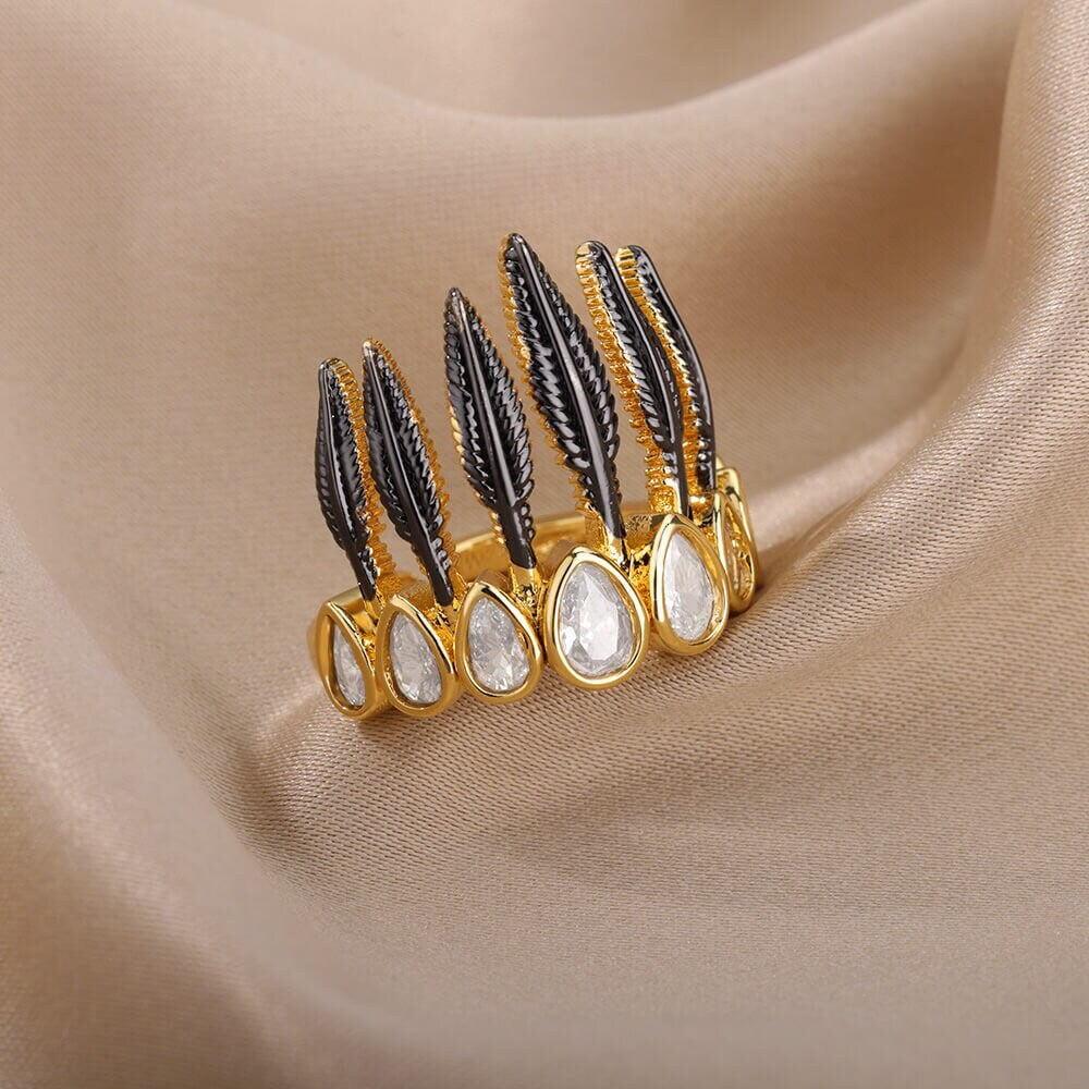 Punk Black Feathers Crown, 18K Gold Gothic Stackable Ring, Dainty Minimalist Jewelry, Delicate Handmade for Women, Gift for Her