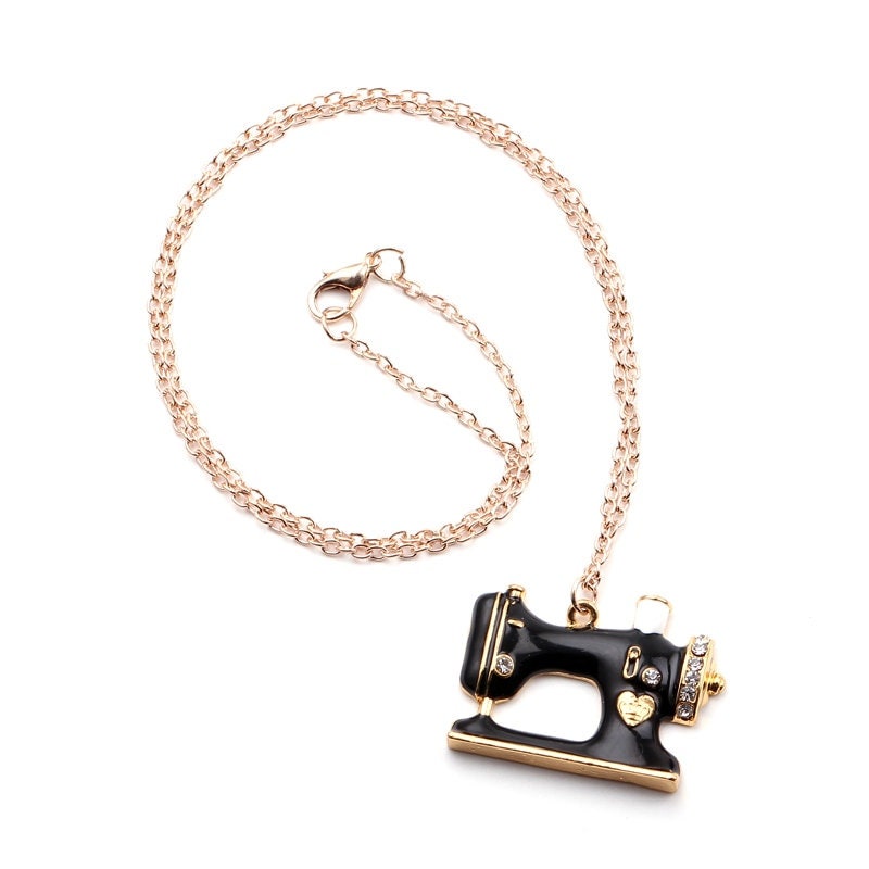 Punk Black Sewing Machine Pendant, 18K Gold Layered Necklace, Gothic Dainty Minimalist Jewelry, Delicate Handmade for Women, Gift for Her