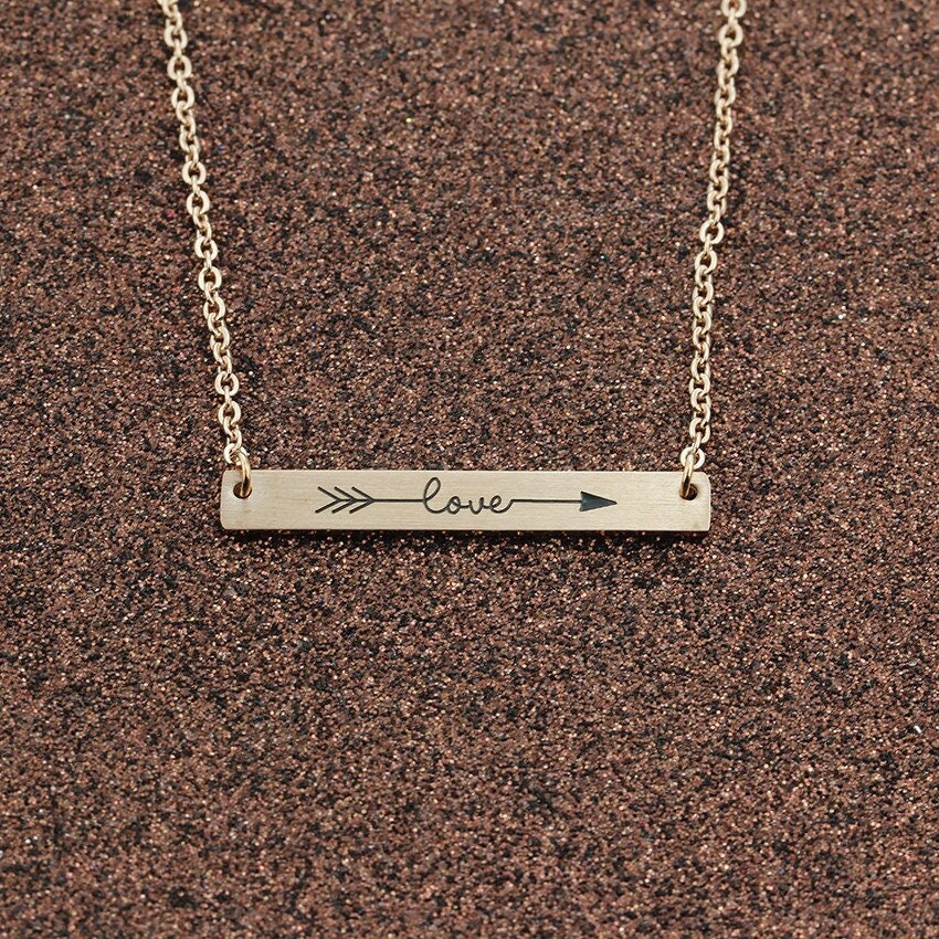 Boho Cute Arrow Love Bar Pendant, 18K Gold Layered Yogi Necklace, Dainty Minimalist Jewelry, Delicate Handmade for Women, Gift for Her