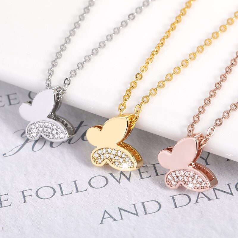Boho Crystal Butterfly Cute Pendant, 18K Gold Layered Yogi Necklace, Dainty Minimalist Jewelry, Delicate Handmade for Women, Gift for Her