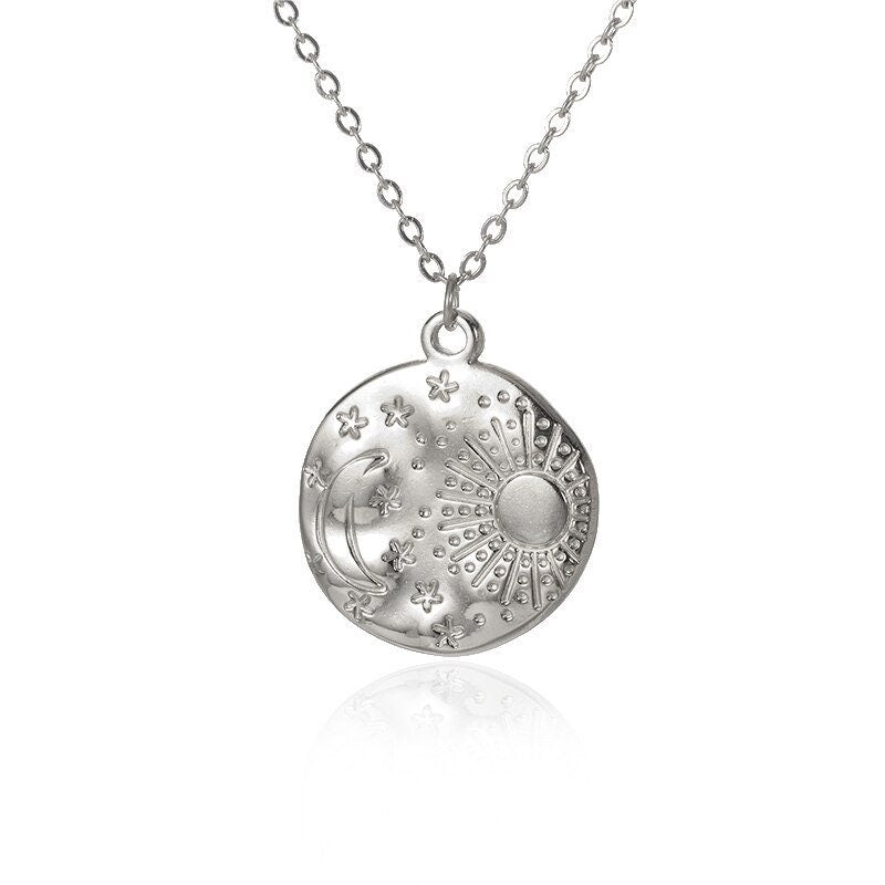 Punk Organic Celestial Coin Pendant, 18K Gold Layered Necklace, Gothic Dainty Minimalist Jewelry, Delicate Handmade for Women, Gift for Her