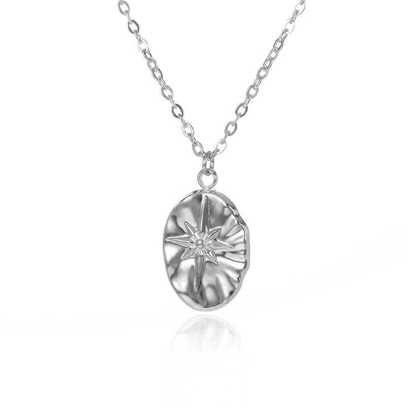 Punk Compass Star Coin Pendant, 18K Gold Layered Necklace, Gothic Dainty Minimalist Jewelry, Delicate Handmade for Women, Gift for Her