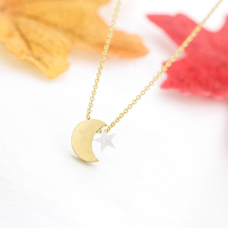 Boho Cute Moon Stars Pendant, 18K Gold Layered Yogi Necklace, Dainty Minimalist Jewelry, Delicate Handmade for Women, Gift for Her