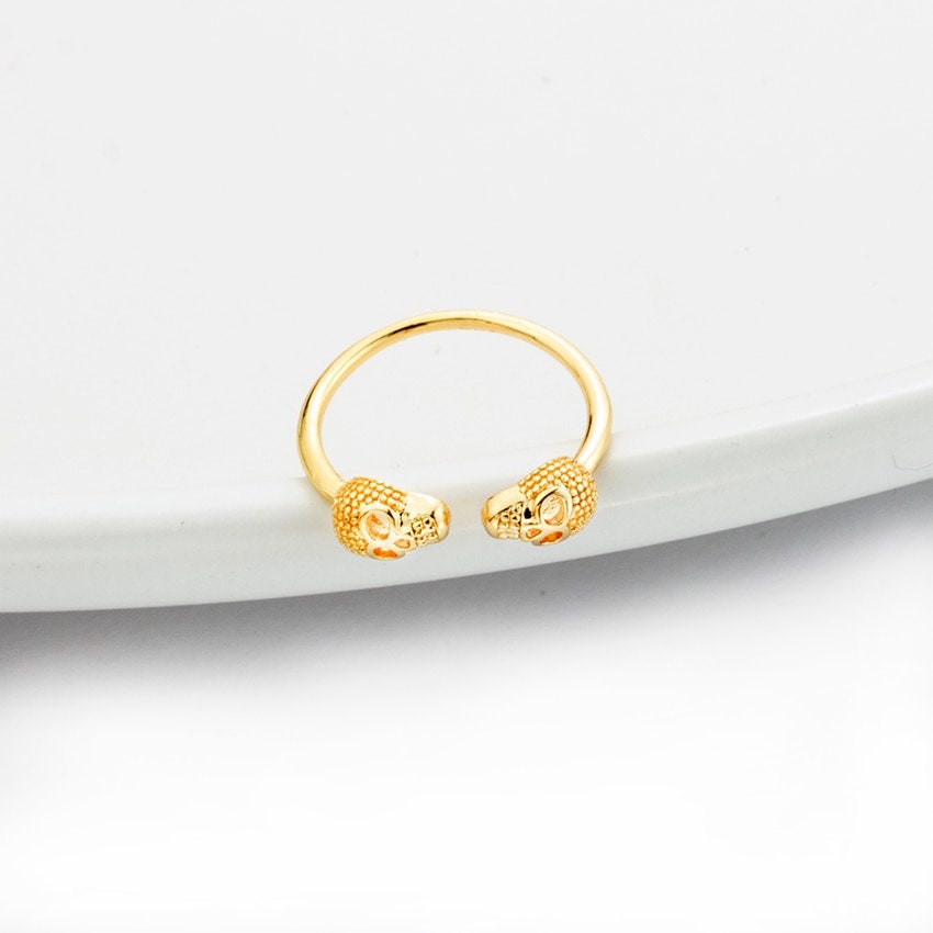 Punk Double Skull Open Adjustable , 18K Gold Gothic Ring, Dainty Minimalist Accessories, Delicate Handmade Jewelry for Women, Gift for Her