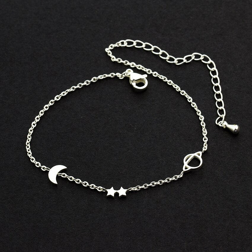 Punk Moon and Stars, 18K Gold Layered Gothic Bracelet, Dainty Minimalist Jewelry, Delicate Handmade for Women, Gift for Her