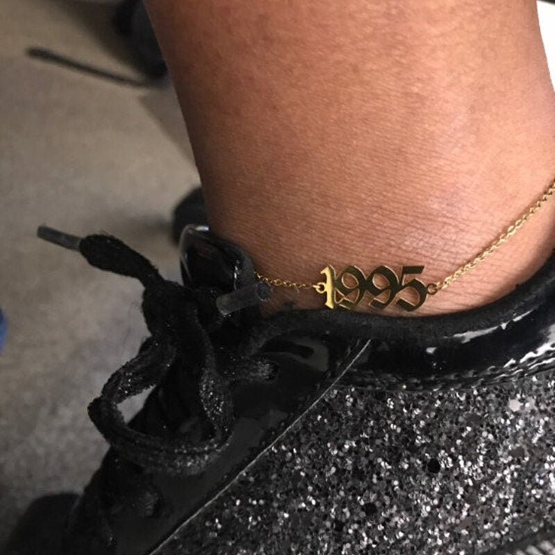 Custom Birth Year Date , 18K Gold Layered Personalized Anklet, Dainty Minimalist Jewelry, Delicate Handmade for Women, Gift for Her