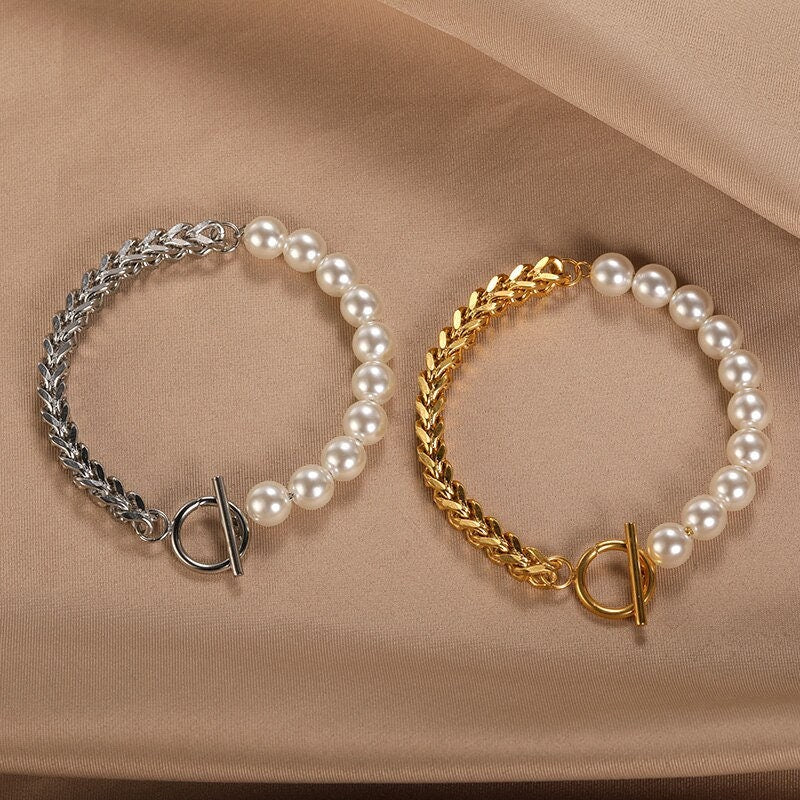 Punk Large Pearl Elegant, 18K Gold Layered Gothic Bracelet, Dainty Minimalist Jewelry, Delicate Handmade for Women, Gift for Her