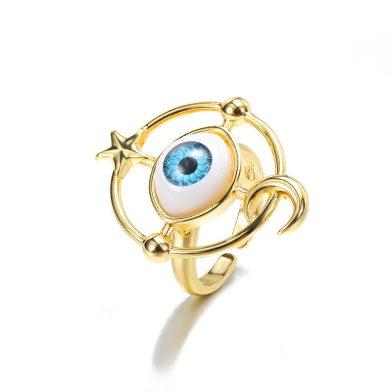 Punk Large Evil Eye Amulet, 18K Gold Gothic Stackable Ring, Dainty Minimalist Jewelry, Delicate Handmade for Women, Gift for Her
