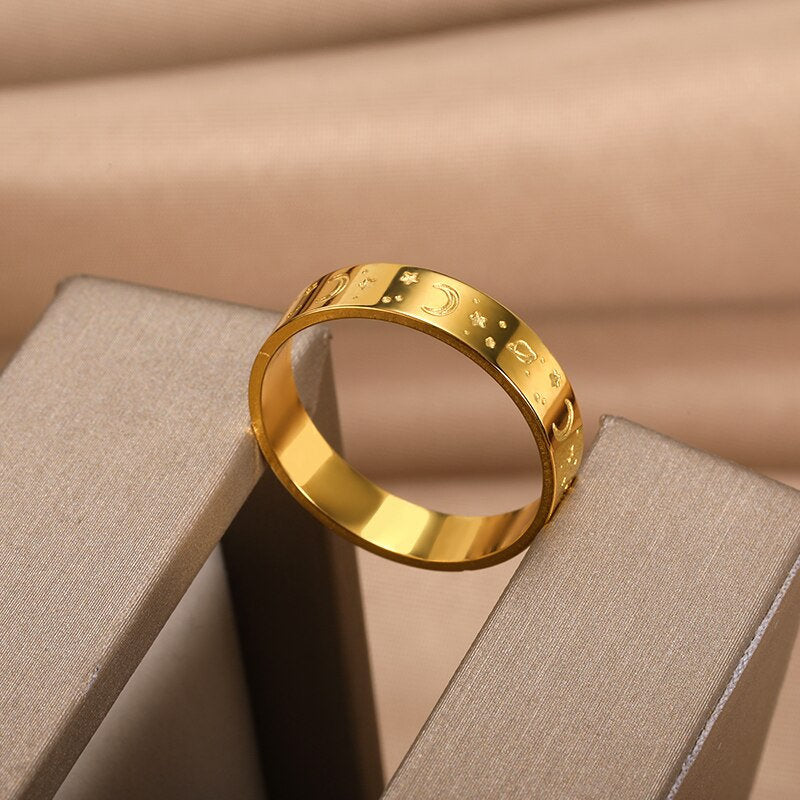 Punk Engraved Moon, 18K Gold Gothic Stackable Ring, Dainty Minimalist Jewelry, Delicate Handmade for Women, Gift for Her