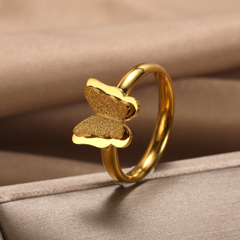 Punk Crystal Butterfly Frosted, 18K Gold Gothic Stackable Ring, Dainty Minimalist Jewelry, Delicate Handmade for Women, Gift for Her
