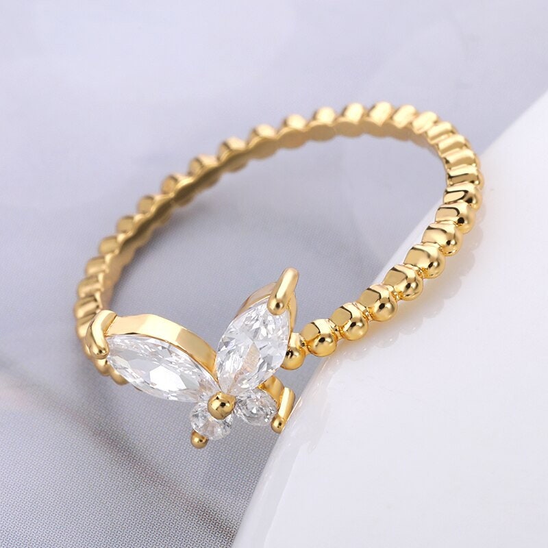 Boho Crystal Zircon Butterfly, 18K Gold Yogi Stackable Ring, Dainty Minimalist Jewelry, Delicate Handmade for Women, Gift for Her
