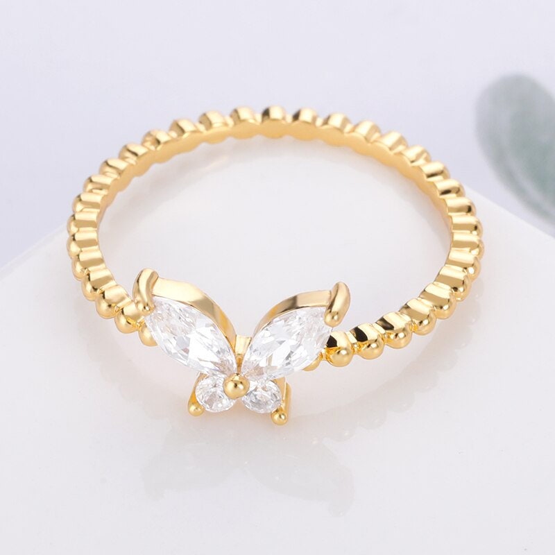 Boho Crystal Zircon Butterfly, 18K Gold Yogi Stackable Ring, Dainty Minimalist Jewelry, Delicate Handmade for Women, Gift for Her