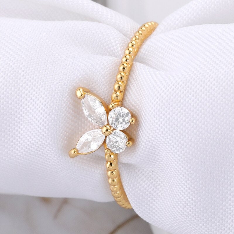 Boho Crystal Zircon Butterfly, 18K Gold Yogi Stackable Ring, Dainty Minimalist Jewelry, Delicate Handmade for Women, Gift for Her
