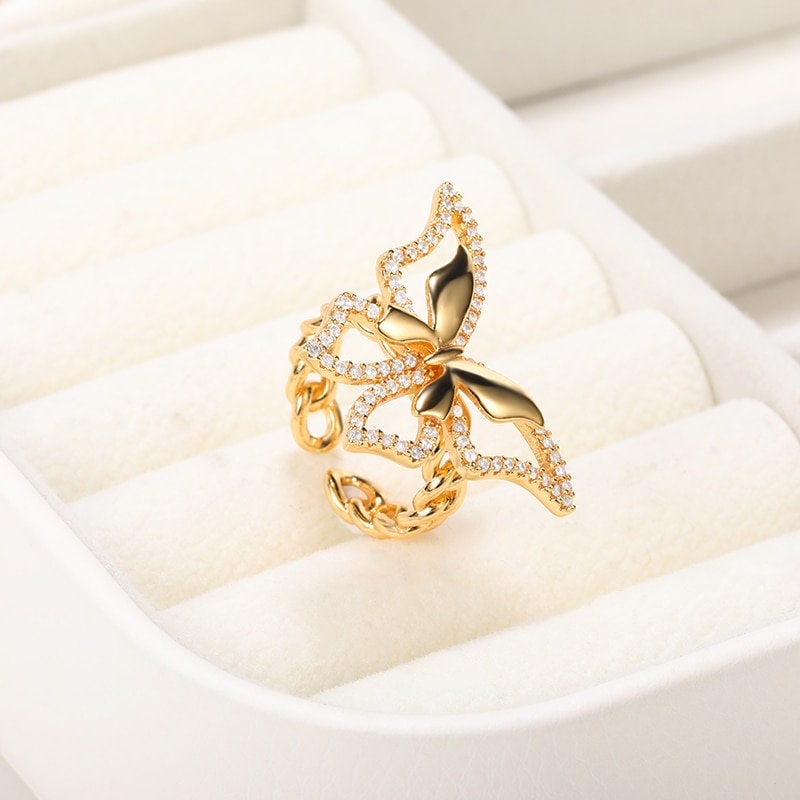 Boho Butterfly Crystal, 18K Gold Yogi Stackable Ring, Dainty Minimalist Jewelry, Delicate Handmade for Women, Gift for Her