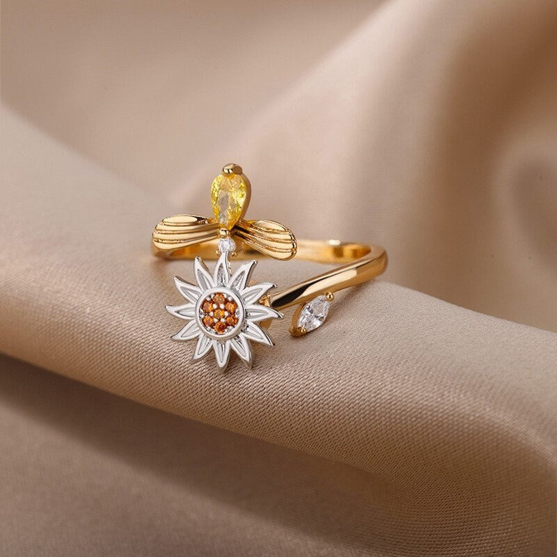 Sunflower Ring, Anxiety Ring, Anti Stress Ring, Spinner Ring, 18K Gold Sunflower Ring for Women, Gift for Her