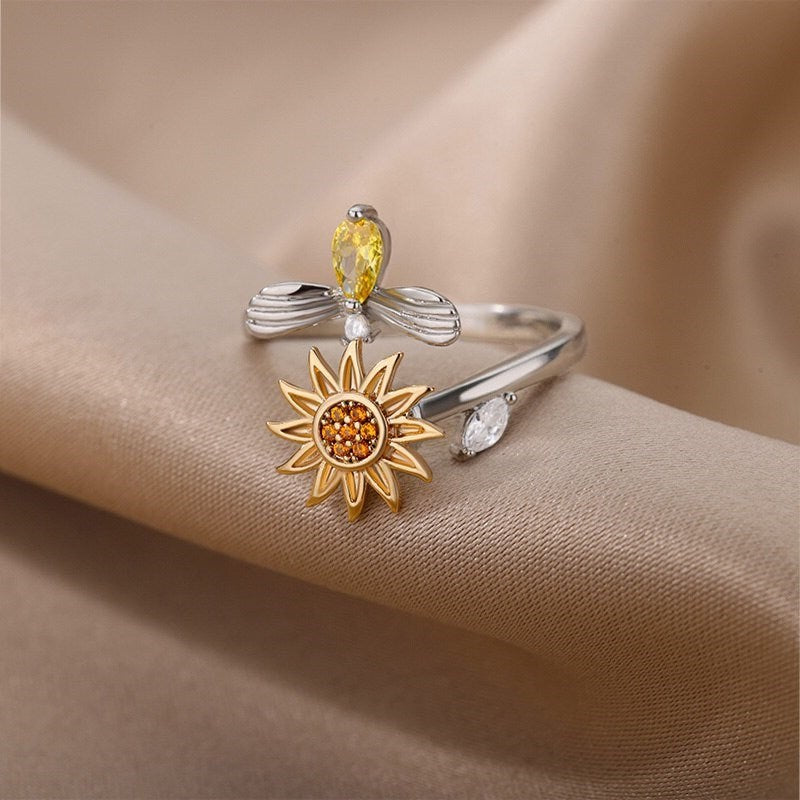 Sunflower Ring, Anxiety Ring, Anti Stress Ring, Spinner Ring, 18K Gold Sunflower Ring for Women, Gift for Her