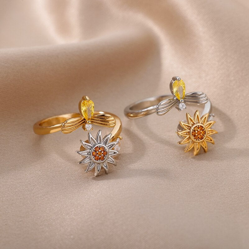 Sunflower Ring, Anxiety Ring, Anti Stress Ring, Spinner Ring, 18K Gold Sunflower Ring for Women, Gift for Her
