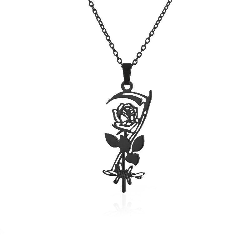 Gothic Reaper Rose Flower Pendant, 18K Gold Punk Necklace, Dainty Minimalist Accessories, Delicate Handmade Jewelry for Women, Gift for Her