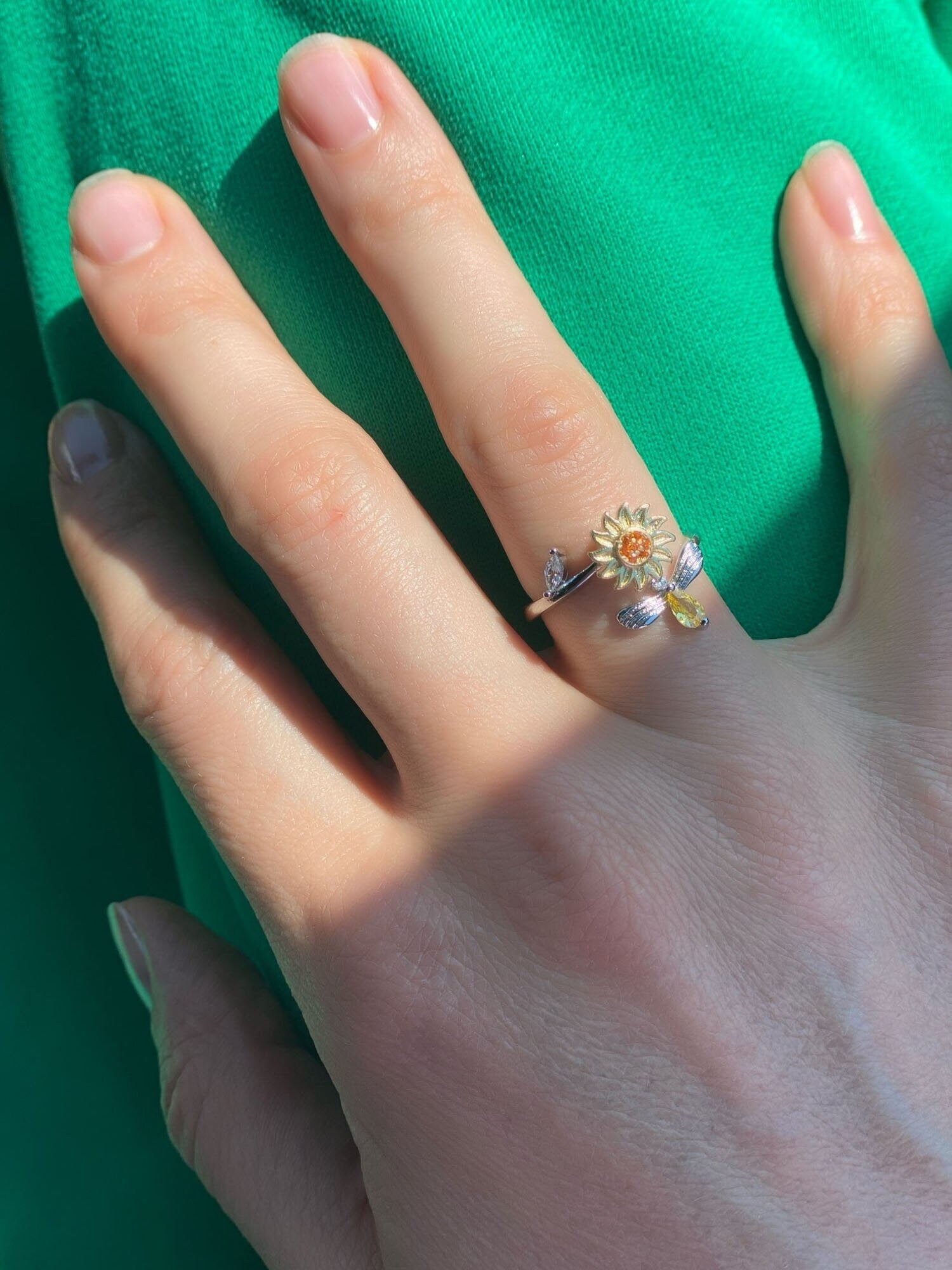 Sunflower Ring, Anxiety Ring, Anti Stress Ring, Spinner Ring, 18K Gold Sunflower Ring for Women, Gift for Her