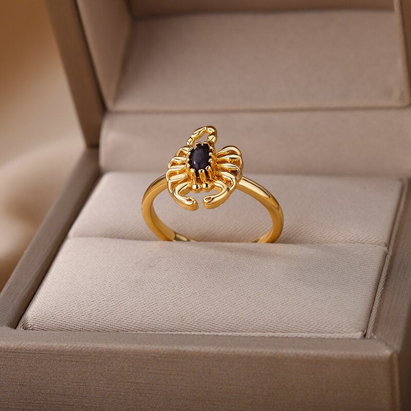 Punk Scorpion Ring, 18K Gold Scorpion Ring, Black Scorpion Ring, Punk Fashion Ring for Women, Gift for Her