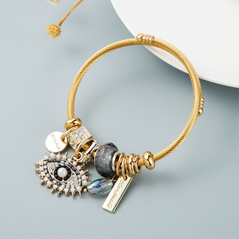 Gothic Evil Eye Bracelet, Pearl Evil Eye, 18K Gold Evil Eye, Evil Eye Bangle, Gothic Fashion Bracelet for Women, Gift for Her