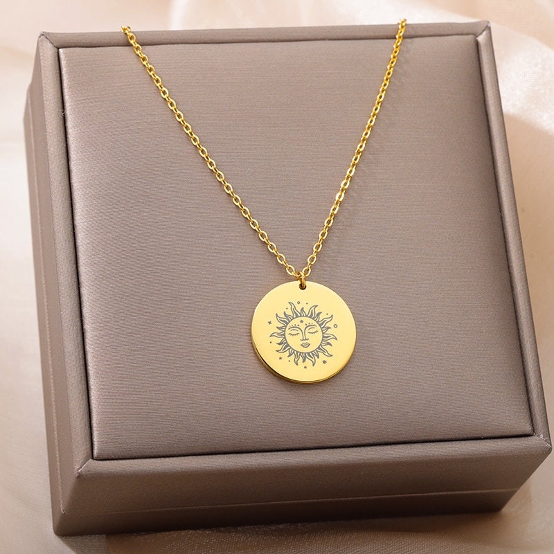 Gothic Sun Coin, 18K Gold Sun Necklace, Gold Sun Coin Pendant, Sun Fashion Necklace for Women, Gift for Her