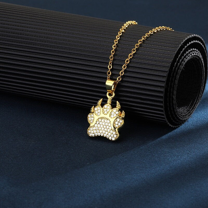 Punk Bear Necklace, Bear Paw Charm, Crystal Bear Paw, 18K Gold Bear Necklace, Punk Fashion Necklace for Women, Gift for Her