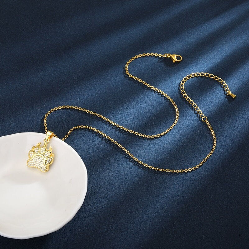 Punk Bear Necklace, Bear Paw Charm, Crystal Bear Paw, 18K Gold Bear Necklace, Punk Fashion Necklace for Women, Gift for Her