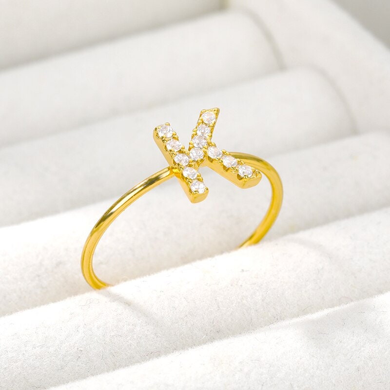 18K Gold Initial Ring, Dainty Initial Ring, Crystal Initial Ring, Zircon Initial Ring, Initial Fashion Ring for Women, Gift for Her