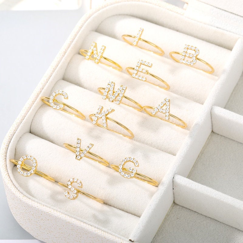 18K Gold Initial Ring, Dainty Initial Ring, Crystal Initial Ring, Zircon Initial Ring, Initial Fashion Ring for Women, Gift for Her
