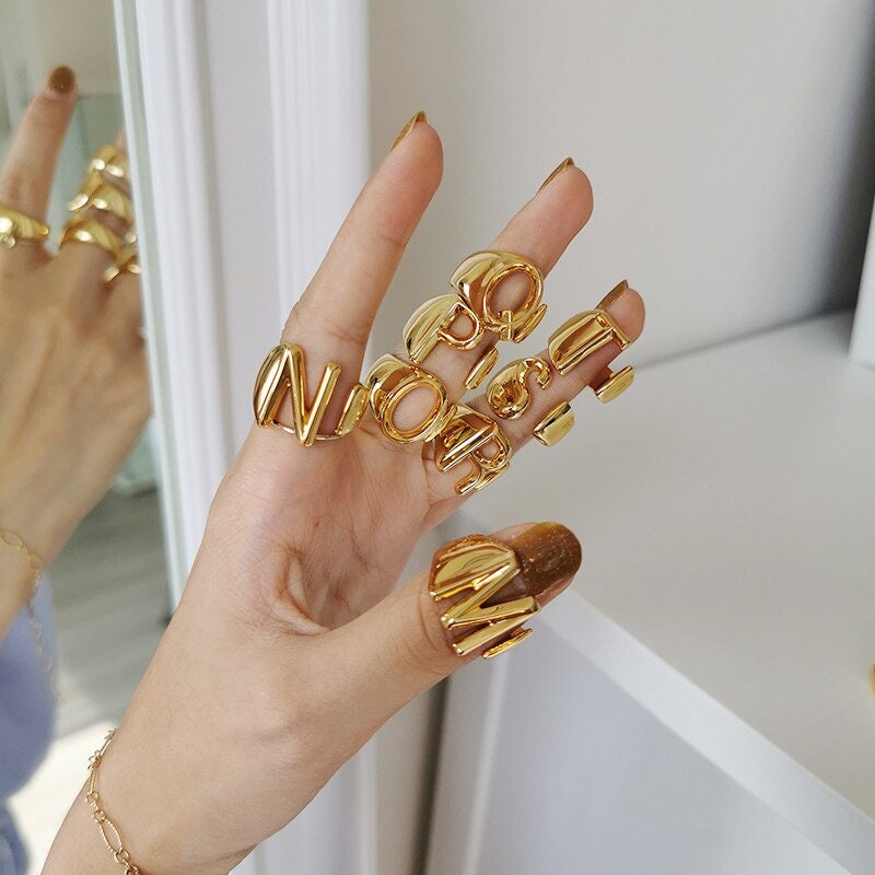 Punk Initial Ring, 18K Gold Initial Ring, Gold Letter Ring, Punk Letter Ring, Initial Fashion Ring for Women, Gift for Her