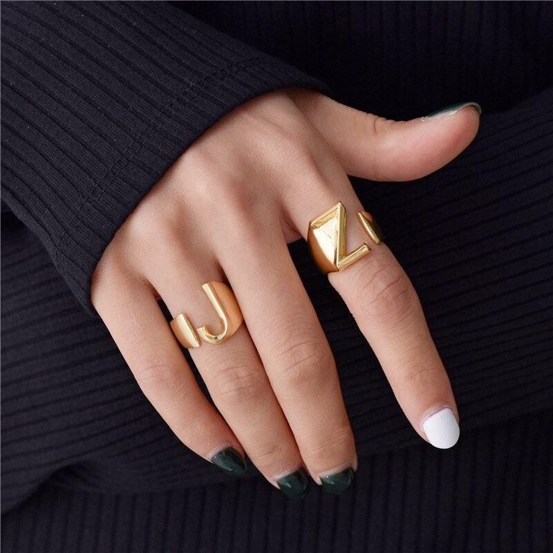 Punk Initial Ring, 18K Gold Initial Ring, Gold Letter Ring, Punk Letter Ring, Initial Fashion Ring for Women, Gift for Her