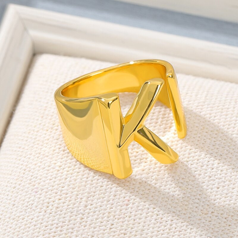 Punk Initial Ring, 18K Gold Initial Ring, Gold Letter Ring, Punk Letter Ring, Initial Fashion Ring for Women, Gift for Her