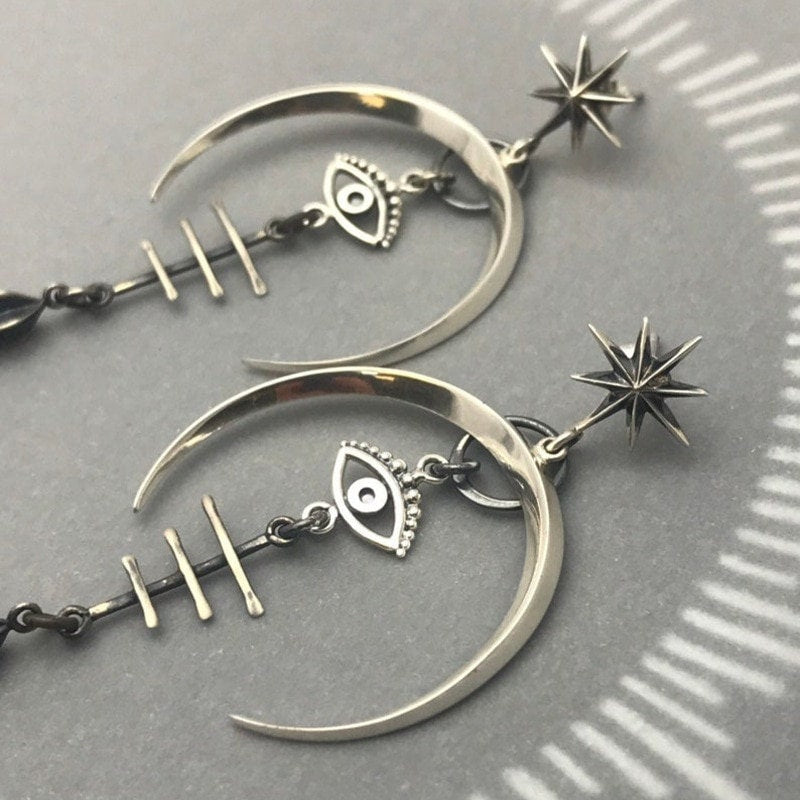 Gothic Evil Eye Drop Earrings, Gothic Moon Earrings, Gothic Dangle Earrings, Gothic Fashion Earrings for Women, Gift for Her
