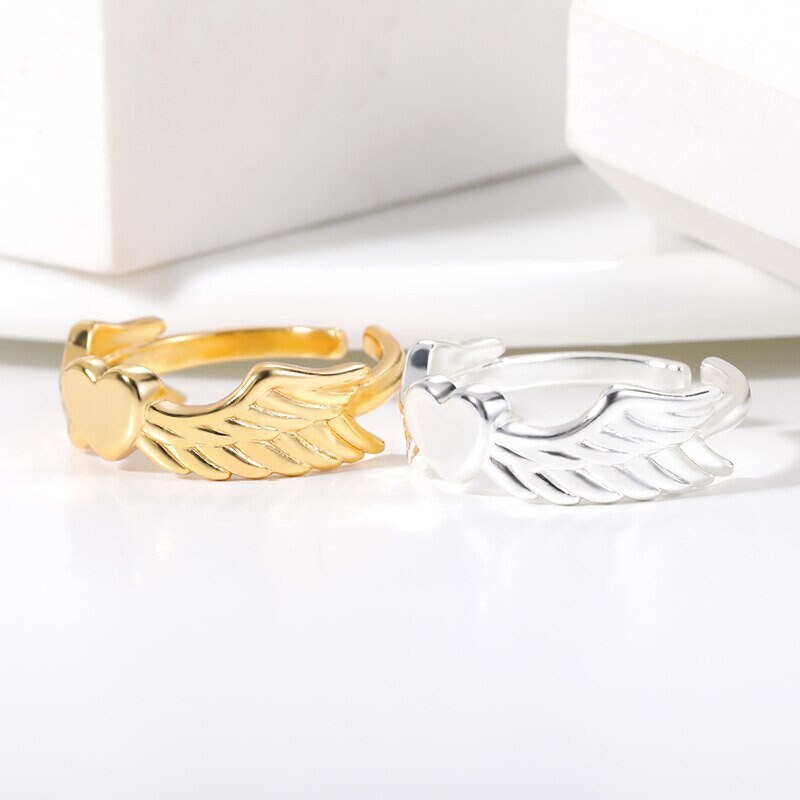 Punk Heart Ring, Punk Angel Wings Heart Ring, 18K Gold Heart Ring, Gold Wings Ring, Punk Fashion Ring for Women, Gift for Her