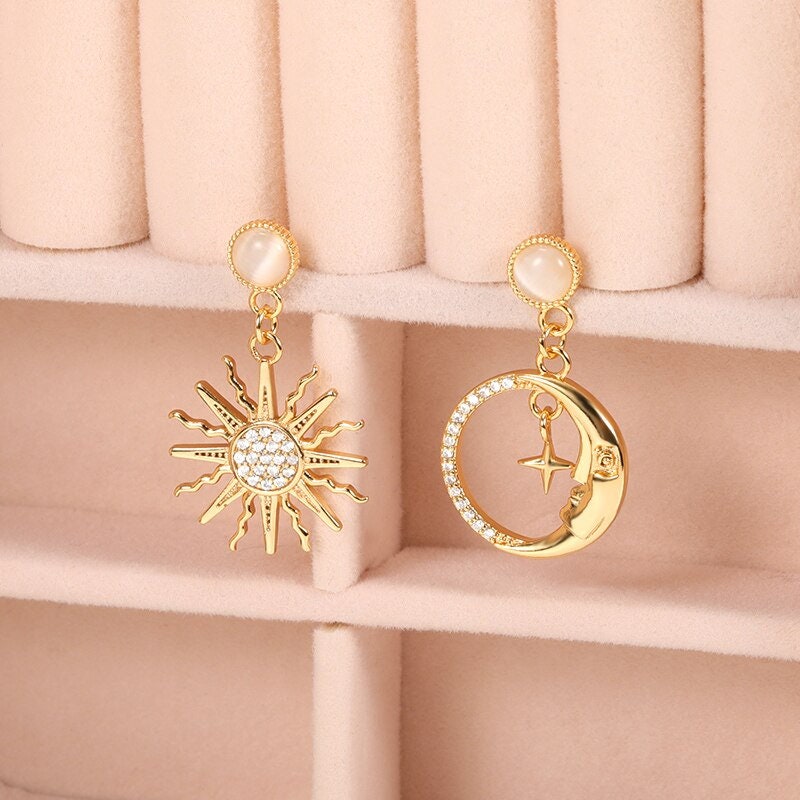 Gothic Sun & Moon Earrings, 18K Gold Sun Earrings, Gold Moon Earrings, Celestial Fashion Earrings for Women, Gift for Her