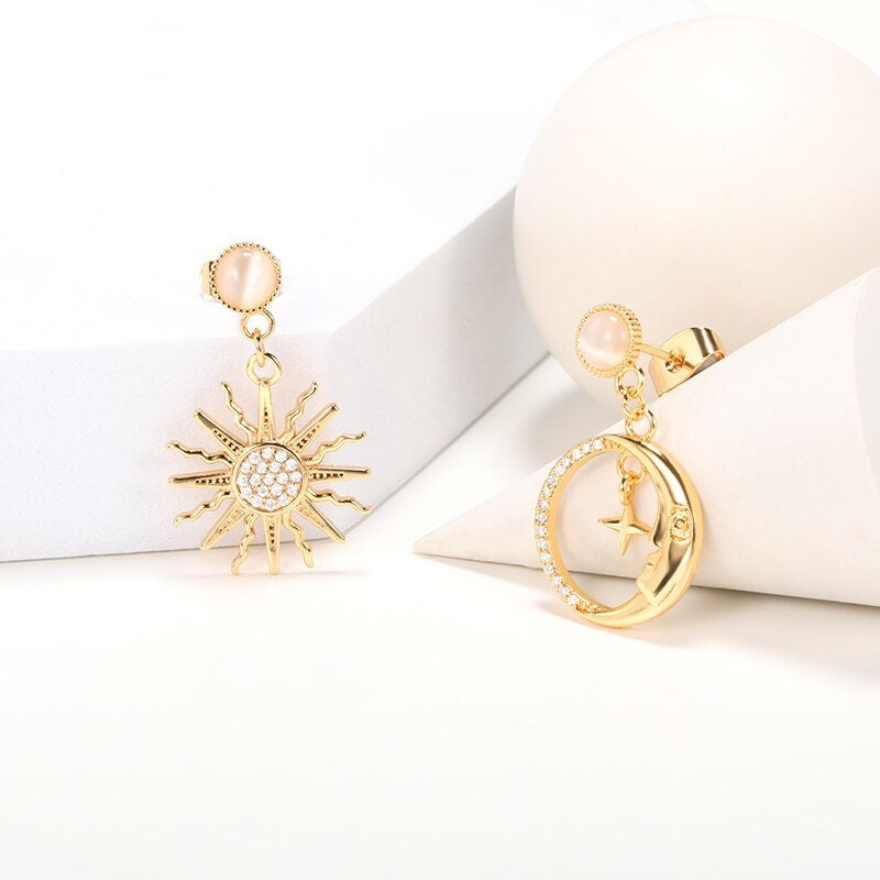 Gothic Sun & Moon Earrings, 18K Gold Sun Earrings, Gold Moon Earrings, Celestial Fashion Earrings for Women, Gift for Her