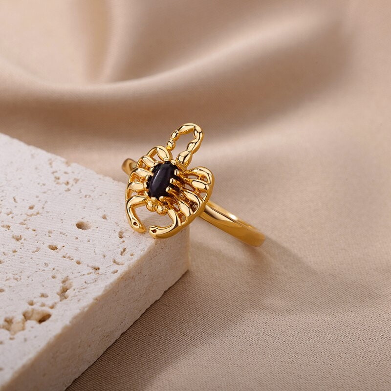 Punk Scorpion Ring, 18K Gold Scorpion Ring, Black Scorpion Ring, Punk Fashion Ring for Women, Gift for Her