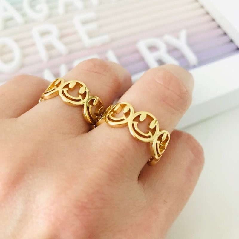 Cute Smiley Face Ring, Punk Smiley Face, 18K Gold Smiley Face Ring, Punk Fashion Ring for Women, Gift for Her