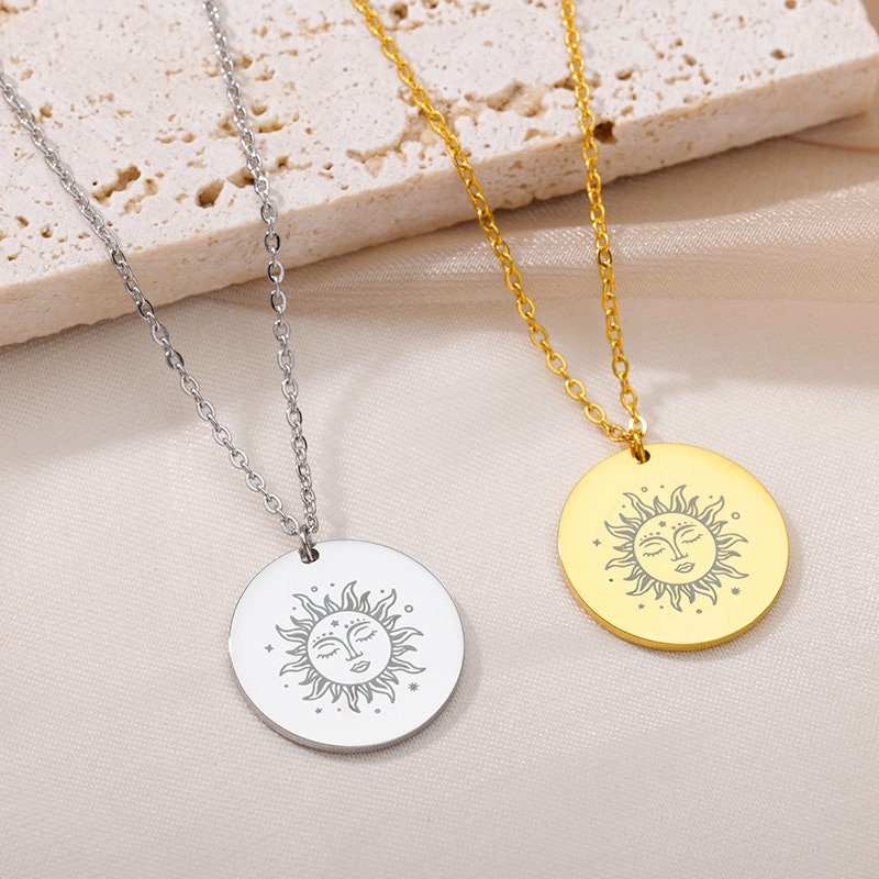 Gothic Sun Coin, 18K Gold Sun Necklace, Gold Sun Coin Pendant, Sun Fashion Necklace for Women, Gift for Her