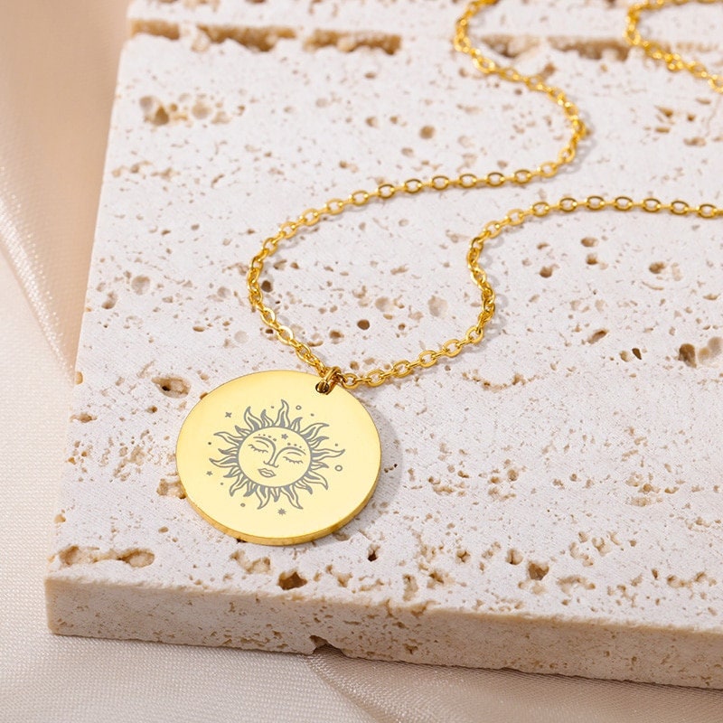 Gothic Sun Coin, 18K Gold Sun Necklace, Gold Sun Coin Pendant, Sun Fashion Necklace for Women, Gift for Her