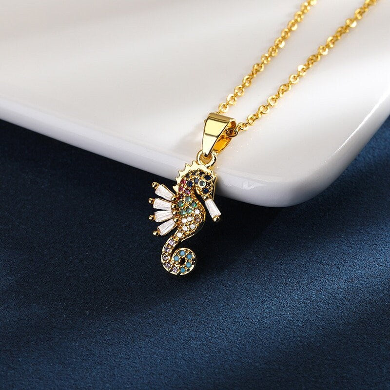 Punk Seahorse Necklace, Cute Seahorse, 18K Gold Seahorse Necklace, Crystal Seahorse Charm, Punk Fashion Necklace for Women, Gift for Her