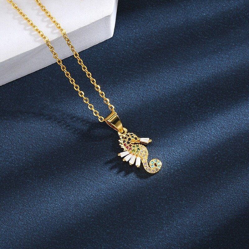 Punk Seahorse Necklace, Cute Seahorse, 18K Gold Seahorse Necklace, Crystal Seahorse Charm, Punk Fashion Necklace for Women, Gift for Her