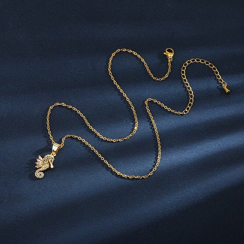 Punk Seahorse Necklace, Cute Seahorse, 18K Gold Seahorse Necklace, Crystal Seahorse Charm, Punk Fashion Necklace for Women, Gift for Her