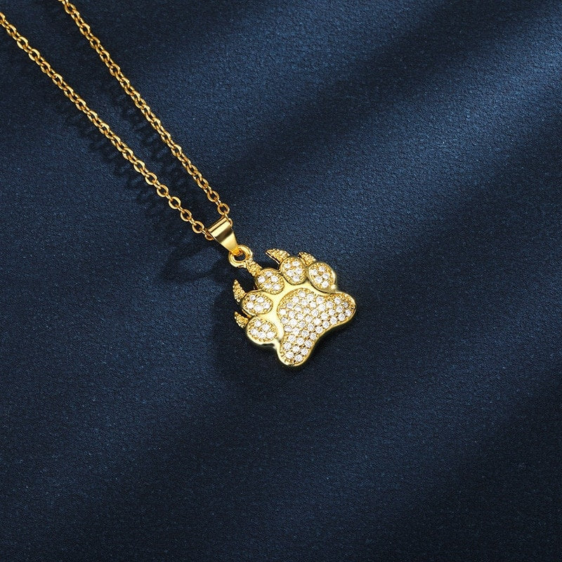 Punk Bear Necklace, Bear Paw Charm, Crystal Bear Paw, 18K Gold Bear Necklace, Punk Fashion Necklace for Women, Gift for Her