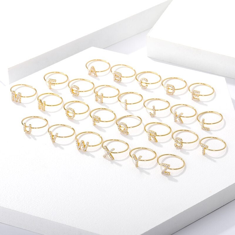 18K Gold Initial Ring, Dainty Initial Ring, Crystal Initial Ring, Zircon Initial Ring, Initial Fashion Ring for Women, Gift for Her