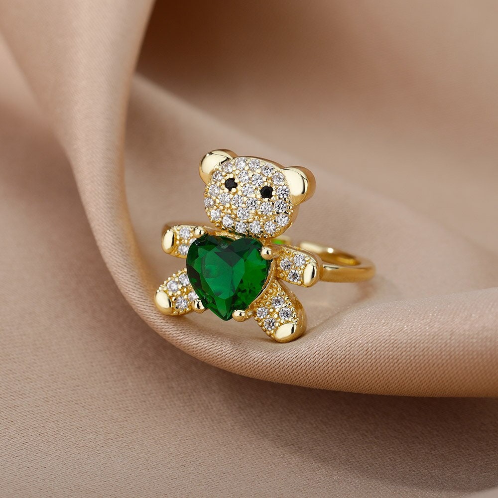 Punk Bear Ring, Crystal Bear Ring, 18K Gold Bear Ring, Teddy Bear Ring, Punk Fashion Ring for Women, Gift for Her