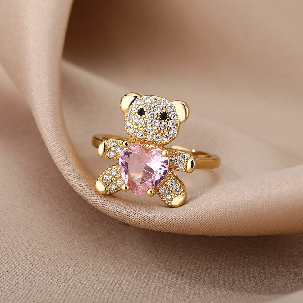 Punk Bear Ring, Crystal Bear Ring, 18K Gold Bear Ring, Teddy Bear Ring, Punk Fashion Ring for Women, Gift for Her